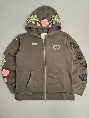 Chaser Brand Brown Embroidered Rose & Heart Zip-Up Hoodie - Size S